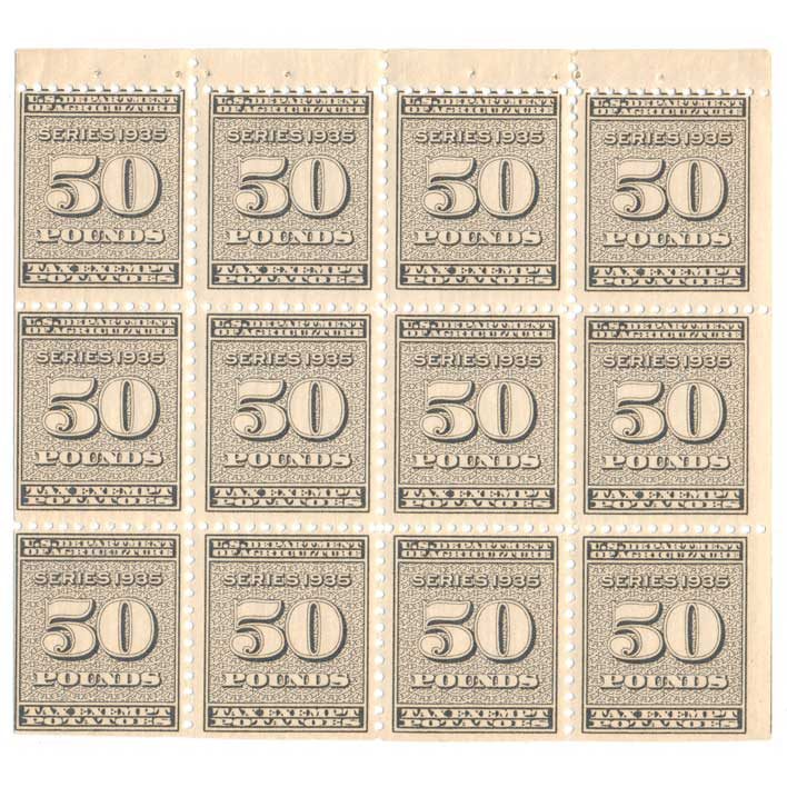RI-18a Potato Revenue stamps, 50lbs, series 1935, pane of 12