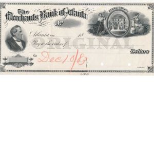 Merchants Bank of Atlanta, check proof on india, American Bank Note Co. 1883