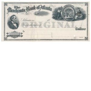 Merchants Bank of Atlanta, check proof on india, American Bank Note Co. 1883