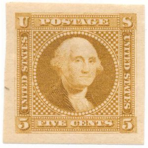 115-E2c 5c Washington plate essay in Buff on wove paper, OG