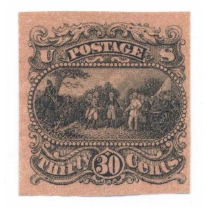 121-E1p 30c Surrender of Gen. Burgoyne, Black plate essay on Salmon Red paper