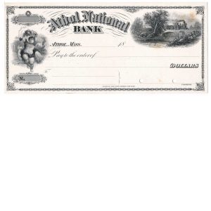 Athol National Bank, Athol, MA, check proof on india, American Bank Note Co. 1870s