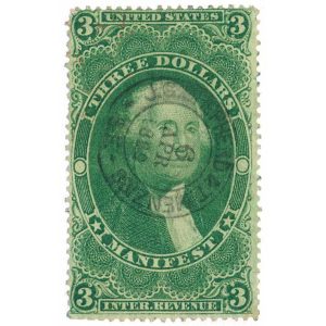 R86c First Issue, $3 Manifest Revenue Stamp, San Francisco cancel