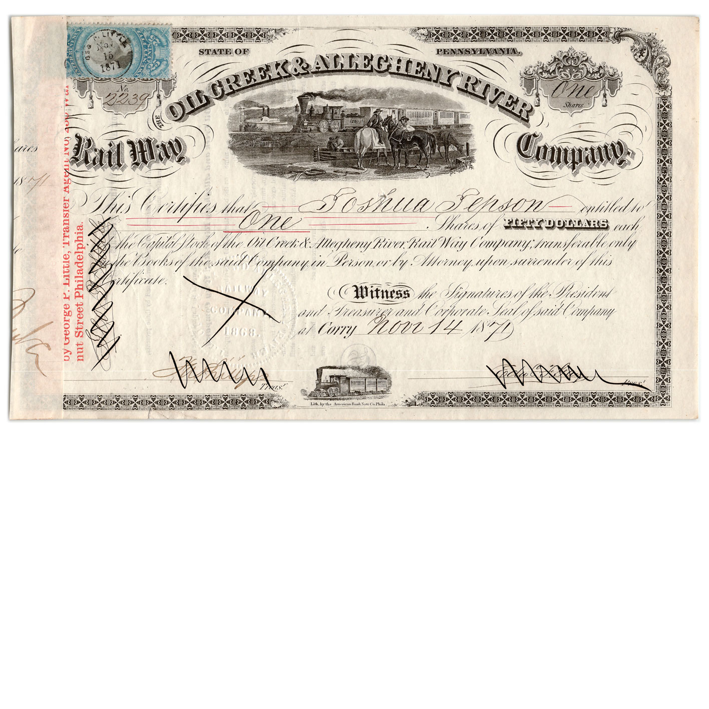 Wholesale lot of 3 Oil Creek & Allegheny River Railway Stock Certificate 