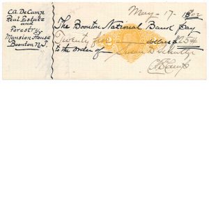 RN-X7 Revenue Imprint on "hand-written" check, 1902, Boonton, NJ CA DeCamp