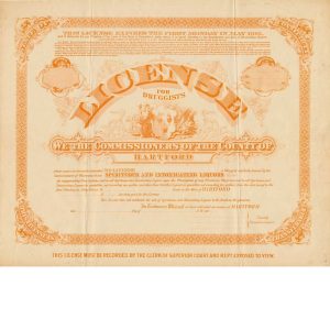 1916 Hartford CT, large License for Druggists, unused