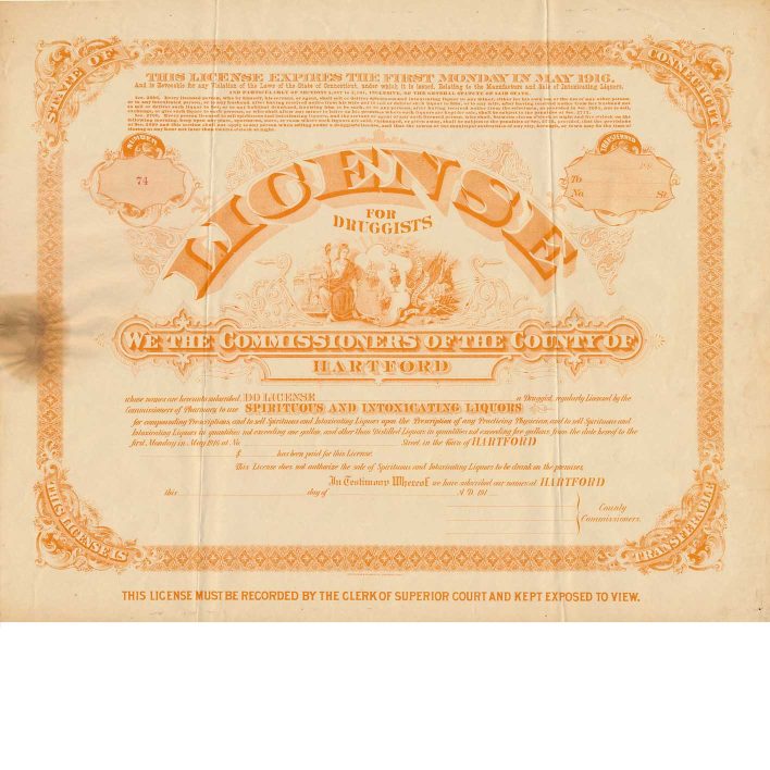 1916 Hartford CT, large License for Druggists, unused #74