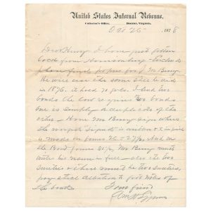 1878 Letter on US Internal Revenue VA Collector's Office Stationery