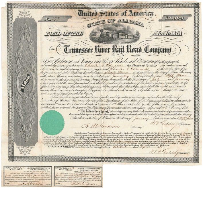 1855 Alabama & Tennessee River RR Bond, $1000