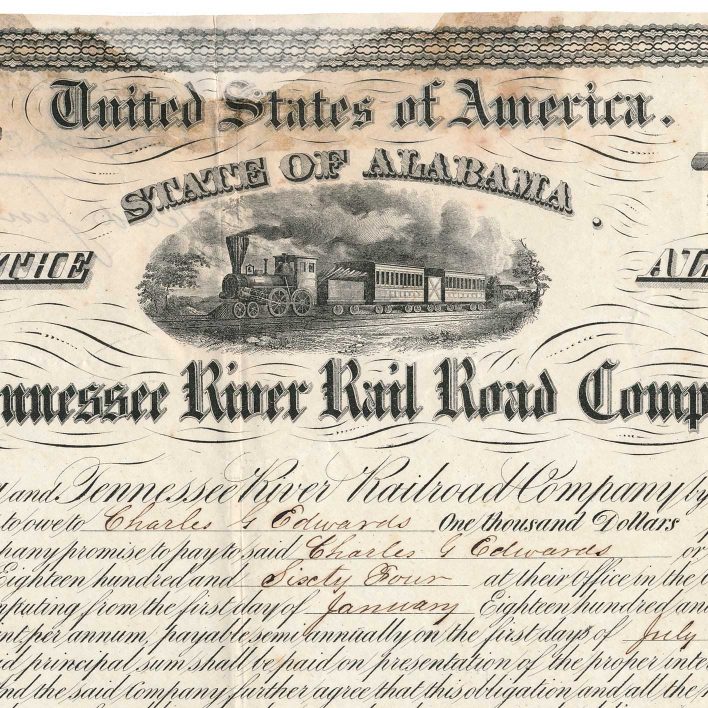1855 Alabama & Tennessee River RR Bond, $1000 - Image 2