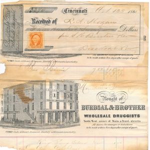 R6c & R15c on Burdsal & Brother 1865 drug receipt and billhead, Cincinnati, Ohio