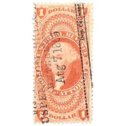 R75c $1.00 First Issue Revenue Stamp, Power of Attorney, Niagara Suspension Bridge, multi-line cancel