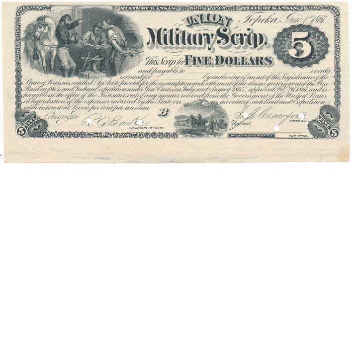 $5 Union Military Scrip Specimen, Topeka, Kansas 1867, Continental Bank Note Co.