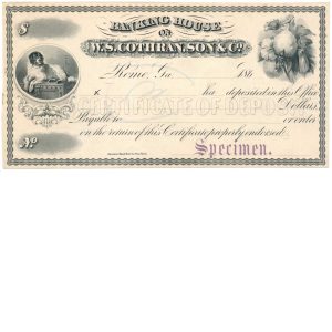 Banking House of W.S. Cothran, Son & Co., Rome, GA 1860s, Certificate of Deposit Specimen