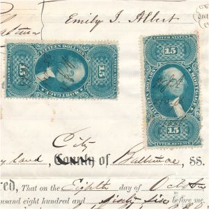 R97f Milky Blue First Issue $15 Revenue Stamp x2, R100c $25 on 1866 Cincinnati Deed, unique - Image 2