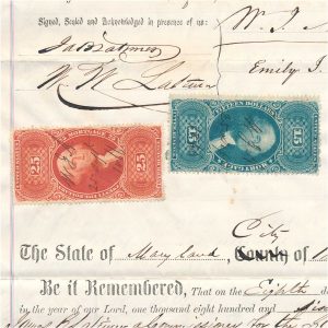 R97f Milky Blue First Issue $15 Revenue Stamp x2, R100c $25 on 1866 Cincinnati Deed, unique - Image 3