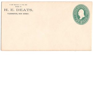 U311 unused cover, Hiram Edmund Deats, Flemington, NJ, 1898