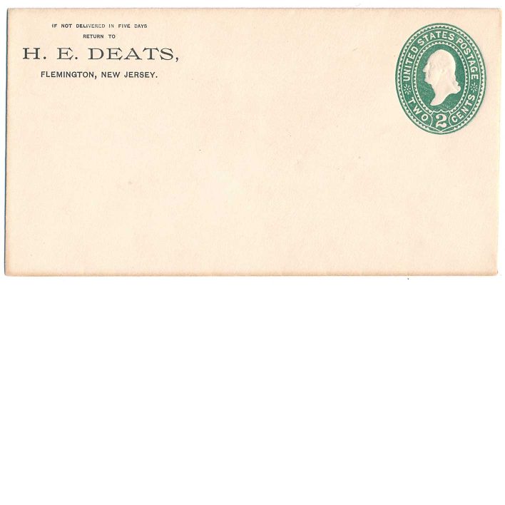 U311 unused cover, Hiram Edmund Deats, Flemington, NJ, 1898