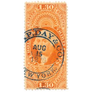 R77c First Issue Revenue Stamp, $1.30, Kemp, Day & Co. cancel