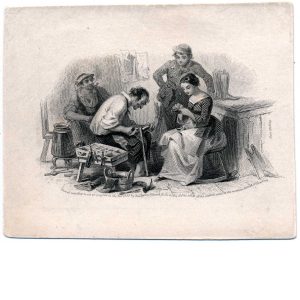 Shoe Making Vignette Die Proof on india on card 1853, F.O.C. Darley