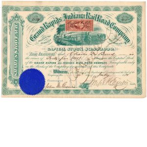 R46c (2) on 1871 Grand Rapids and Indiana RR Co. Stock Certificate
