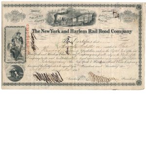 Nov. 5, 1863 New York and Harlem RR Co. Stock Certificate, signed Augustus Schell