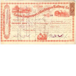 R48c, R44c on 1865 Toledo, Logansport & Burlington RR Co. Stock Certificate