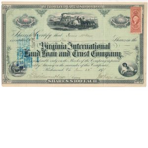 R44c on 1871 Virginia International Land Loan and Trust Co. Stock Certificate