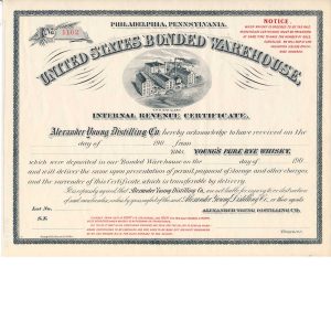 190x Alexander Young Distilling Co., Philadelphia, PA U.S. Bonded Warehouse Internal Revenue Certificate