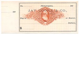 RN-J4 Revenue Stamped Paper, unused check, Jay Cooke & Co., Philadelphia PA 187x