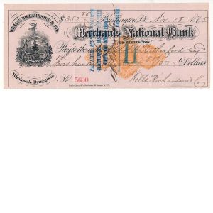 RN-D1 on 1875 Wells, Richardson & Co. Bank Check, pink paper