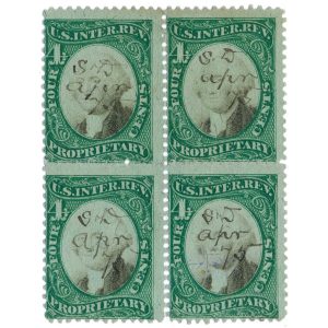 RB4b 4c US Proprietary Revenue Stamps, block of 4, used
