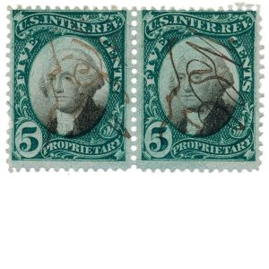 RB5a 5c US Proprietary Revenue Stamps, used pair