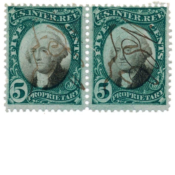 RB5a 5c US Proprietary Revenue Stamps, used pair