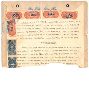 US Hawaii stamps, #R3 & R4 (5) used on partial 1909 Honolulu mortgage deed