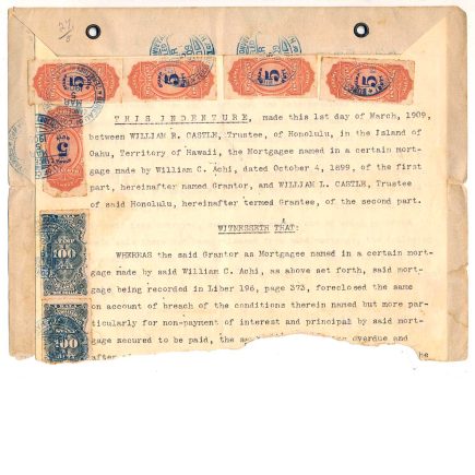 US Hawaii stamps, #R3 & R4 (5) used on partial 1909 Honolulu mortgage deed