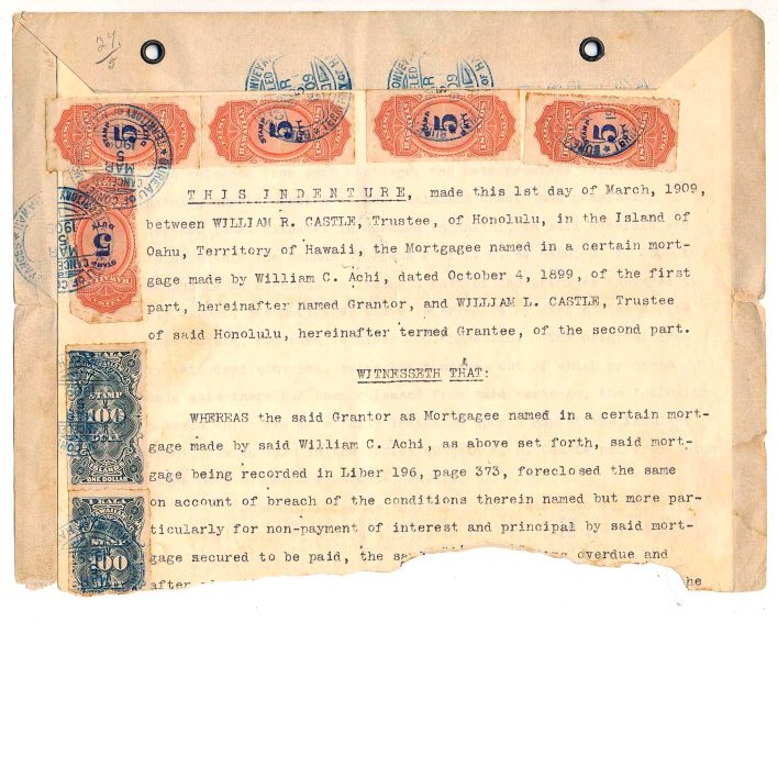 US Hawaii stamps, #R3 & R4 (5) used on partial 1909 Honolulu mortgage deed