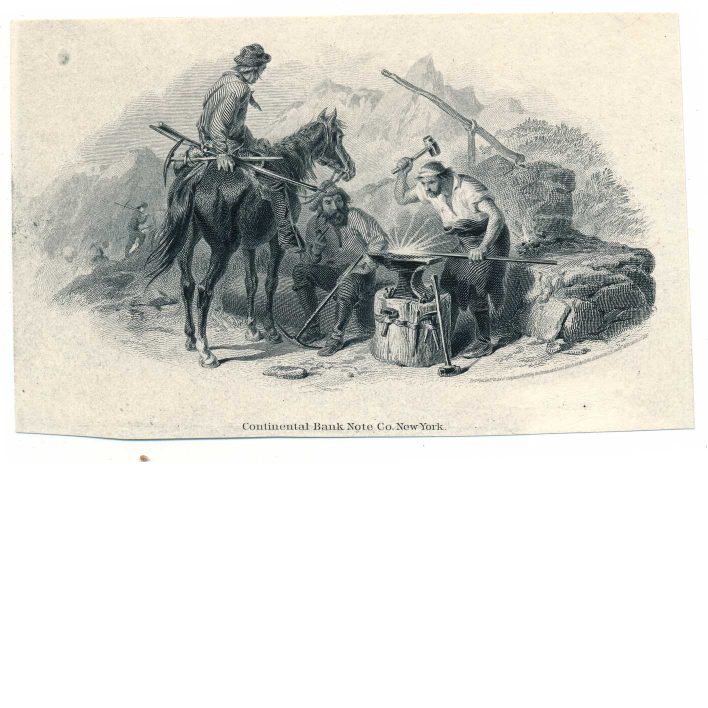 Miners & Blacksmith, Vignette Die Proof on india, Continental Bank Note Co., 1866