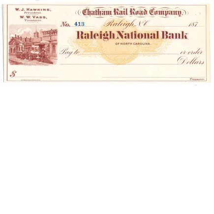 RN-C1 on Chatham Rail Road Co. check, Raleigh, NC 1870 XF