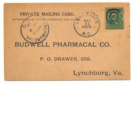 1903 Budwell Pharmacal Co., Lynchburg, VA Reply Card