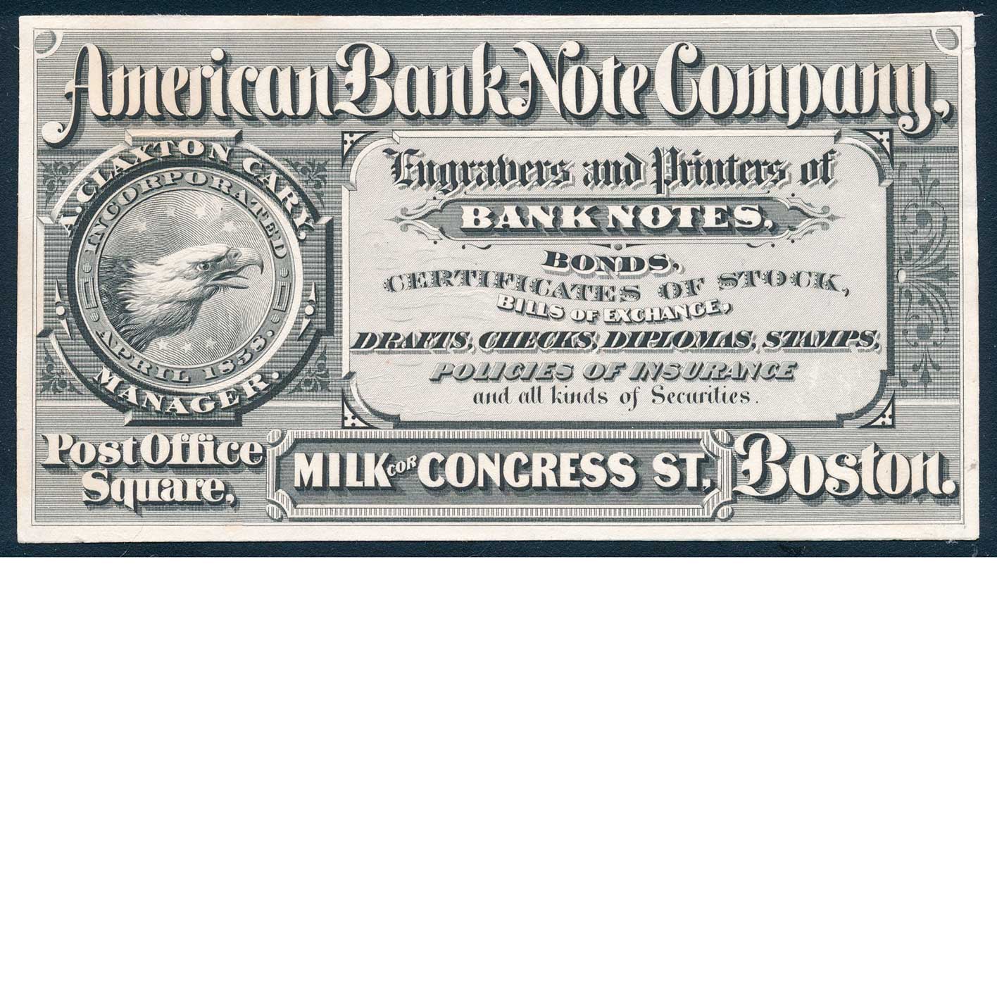 American Bank Note Co. Boston Office Advertising Card ca. 1890